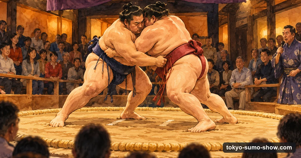 Illustration: two sumo wrestlers locked together in a ring under warm lights, with an audience seated close around the ring