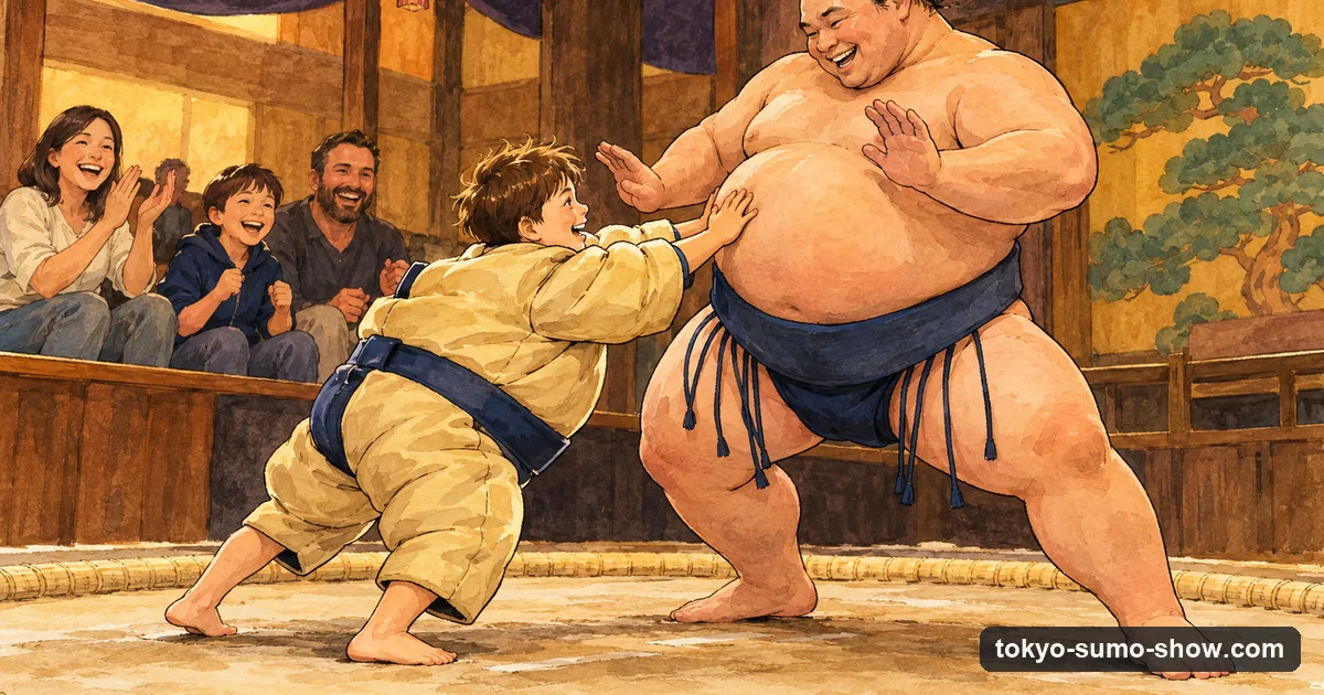 Illustration: a child in a padded sumo suit pushing against a smiling sumo wrestler in a ring, with the family watching