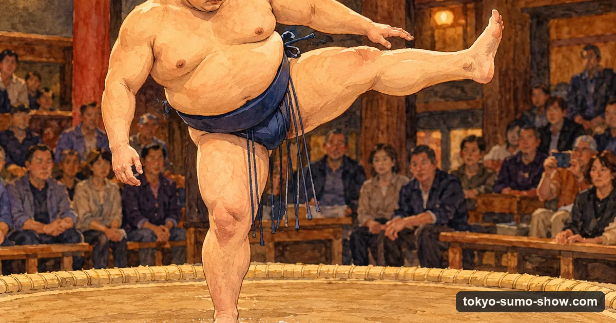 Illustration: a sumo wrestler raising one leg high for the shiko stomp in a ring, with an audience close by