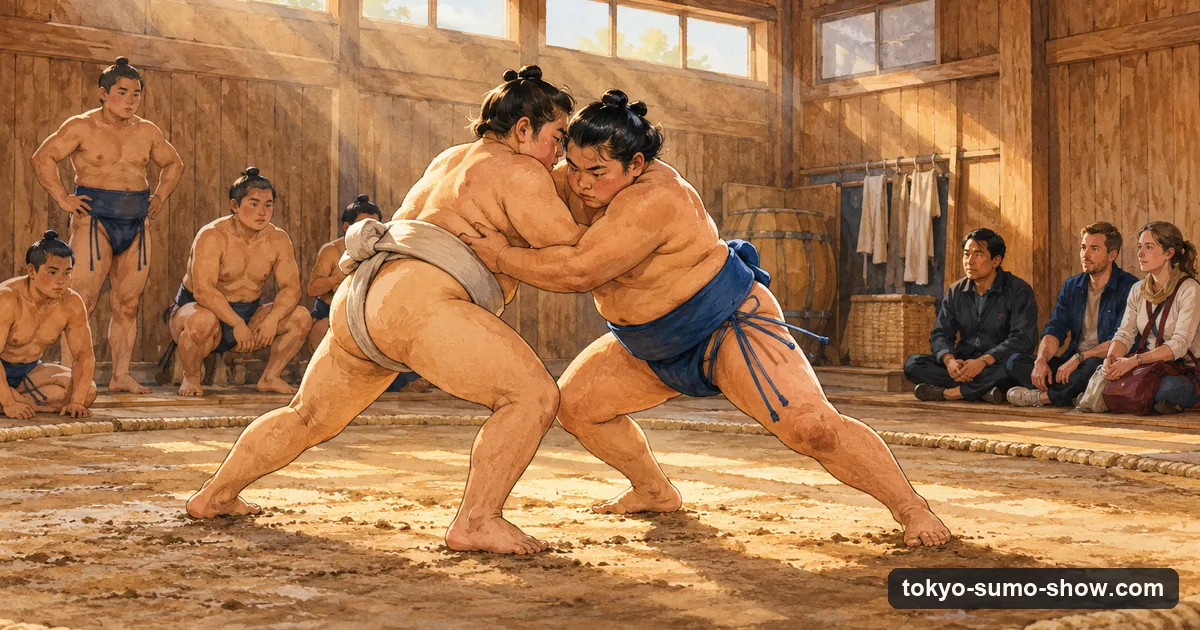 Illustration: young sumo wrestlers training in a plain practice ring in early morning light, watched by a few visitors seated quietly on the floor