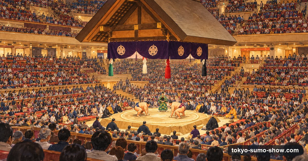 Illustration: a large sumo arena seen from the upper seats, with the hanging roof over the ring and a full crowd