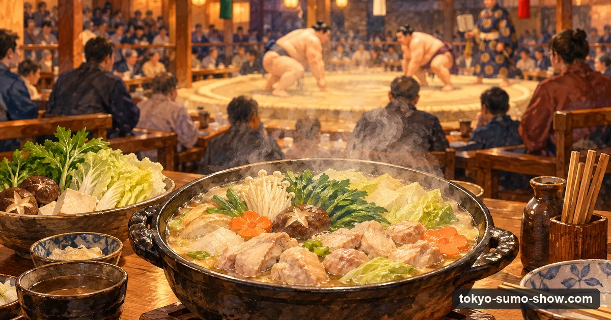 Illustration: a steaming chanko nabe hot pot on a table beside a sumo ring, with diners watching two wrestlers