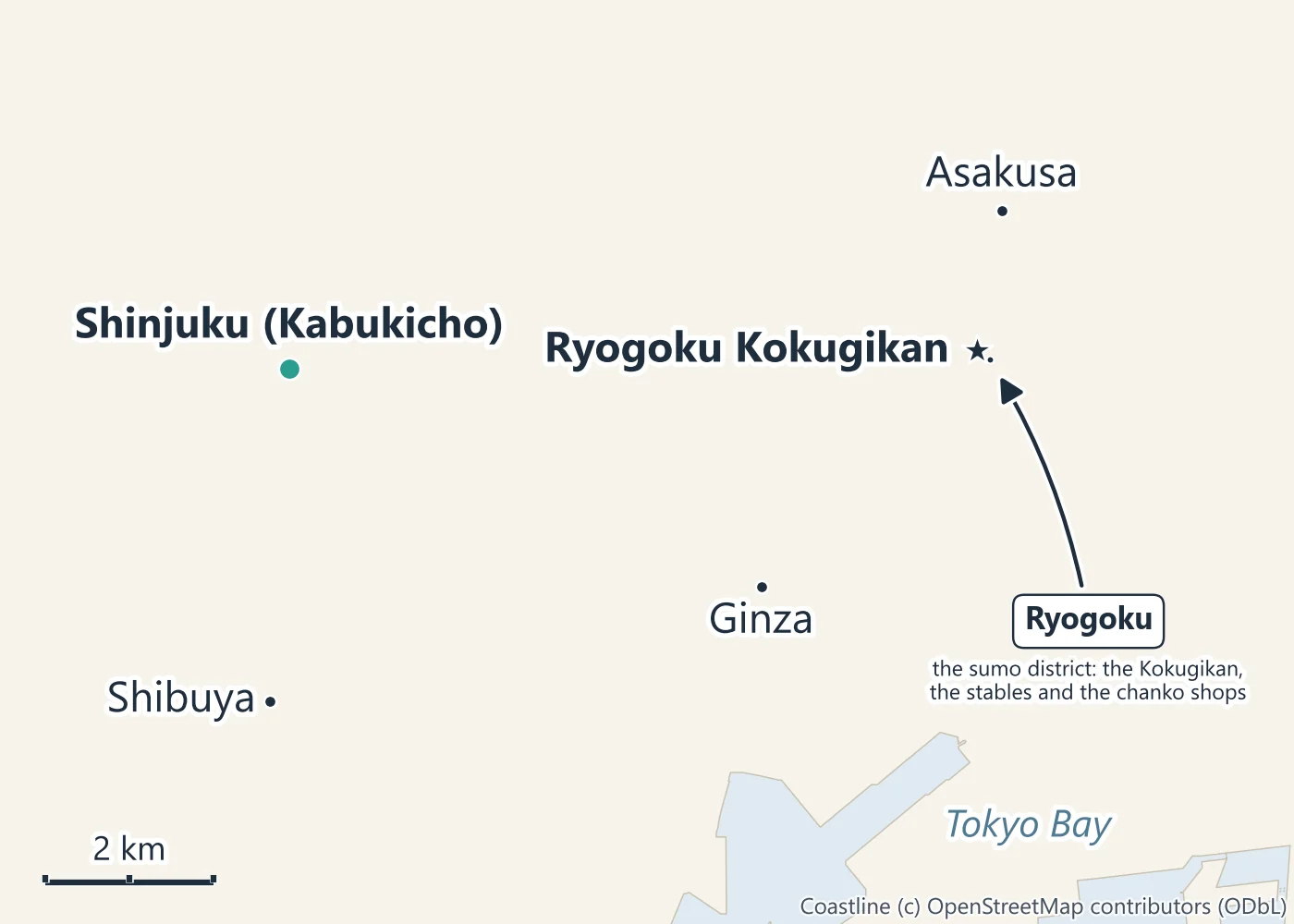 Map of central Tokyo with the sumo show districts Shinjuku (Kabukicho), Shibuya, Ginza and Asakusa, and the Ryogoku Kokugikan in the sumo district of Ryogoku